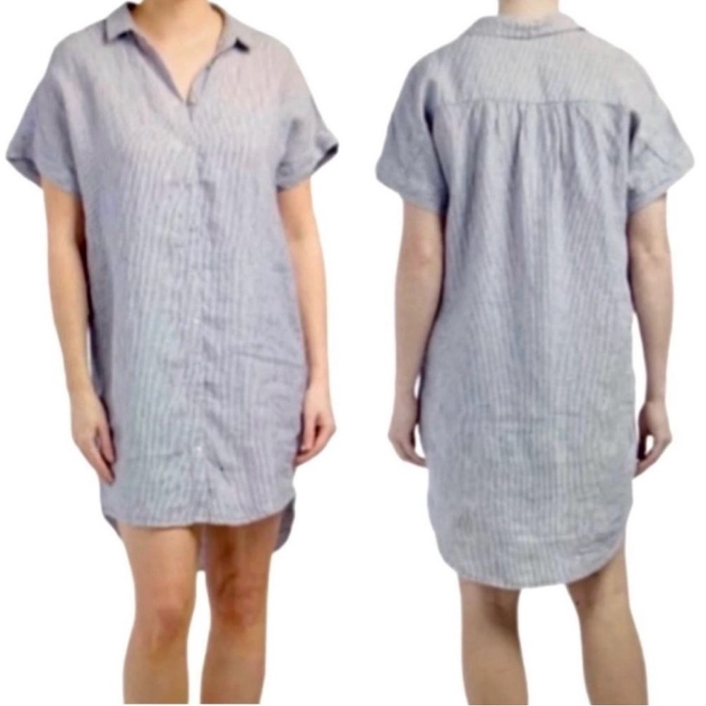 Tahari Blue and White Striped Linen Shirt Dress